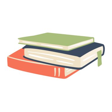 Kitap yığını, planlamacı, renkli kağıt kapaklı defter. Beyaz arkaplanda kitap simgesi izole edildi. Tırman. Kapalı kitaplar, beyaz sayfalar, metin. Eğitim kavramı için kitap okuma tasarımı. Vektör 