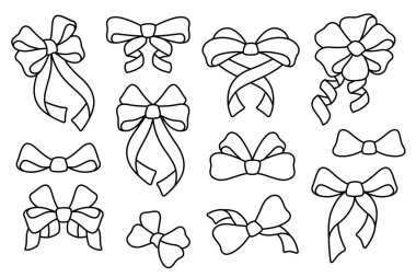 Fiyonklar ve kurdeleler. Yay çizgisi simgeleri ayarlandı. El yapımı kurdeleler, çeşitli şekillerde hediye yayları. Dekorasyon, parti, hediye paketleri, saç aksesuarları için taslak tabelalar. Düzenlenebilir Vuruş. Vektör illüstrasyonu