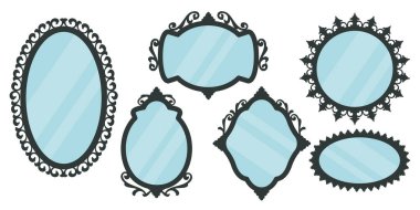 Beyaz arka planda izole edilmiş dikey ve yatay vintage aynalar. Aynalar simgesi. Eskimiş antika çerçeveli Retro aynası. Antika tarzında lüks klasik ev mobilyası. Vektör illüstrasyonu