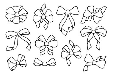 Yay çizgisi simgeleri ayarlandı. El yapımı kurdeleler, düğün için hediye fiyonkları, parti, hediye paketleri, saç aksesuarları. Moda öğeleri için taslak tabelalar. Düzenlenebilir felçli vektör illüstrasyonu