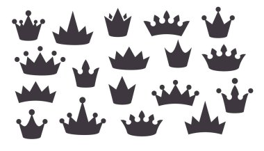 Beyaz arka planda izole edilmiş taç simgeleri. Kraliyet Kraliyet Kraliyet sembolü. Kral ve kraliçe için siluet taçlar. Kraliyet burcu. VIP kartı, lüks tasarım, prim için vektör düz illüstrasyon