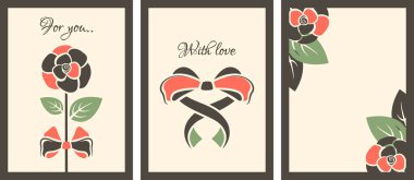 Valentine concept. Set of vertical retro posters for 14 February holiday. Beautiful flower, rose, bow in shape of heart, lovely text. Gift cards. Vector flat illustration clipart