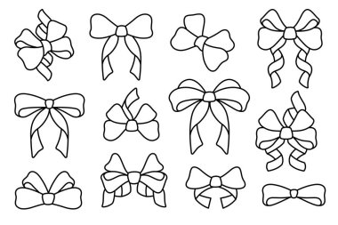 Fiyonklar ve kurdeleler. Yay çizgisi simgeleri ayarlandı. Moda tasarımı için taslak tabelaları. El yapımı kurdeleler, parti için hediye fiyonkları hediyeler, saç aksesuarları. Düzenlenebilir felç. Vektör illüstrasyonu 