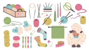 Örgü seti. El çizimi örgü aletleri, dikiş aksesuarları. İplik ve iplikler, örgü iğneleri, çizgi film koyunları, yün yumağı, yün, makas, sepet, kanca, iğne. İğne işi. Vektör