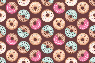 Donutlar pürüzsüz desen. Farklı donutlar. Renk şekerli, serpiştirilmiş. Pembe, kremalı, çikolatalı lezzetli börekler. Duvar kağıtları, tekstil, baskı için vektör illüstrasyonu