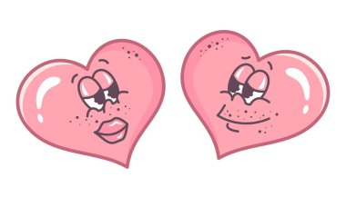 Sevgililer günü karakterleri birbirlerine gülümserler. Flört eden bir çift. Doodle Hand, Retro tarzında harika kalpler çizdi. Sevgililer Günü Clipart 'ı. Vektör illüstrasyonu