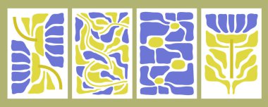 Soyut çiçek posterleri seti. Matisse çiçekleri. Boho Dekor. Moda el çizimi organik tasarım. Estetik Modern Sanat. Minimalist botanik kartları. Vektör illüstrasyonu