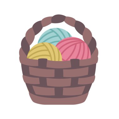 İplik yumakları ve el yapımı kutuda örgü iğneleri. Renkli iplik ve ipliklerle kaplı bir sepet. El yapımı örgü aletleri, yün toplar. İğne işi. Vektör illüstrasyonu