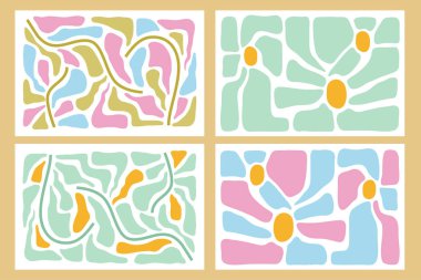 Modern soyut çiçek tasarımı. Bir demet harika çiçek. Soyut botanik sanatı. Pastel arka planlar. Modern el yapımı dokular. Baskı, kapak, kumaş, iç dekorasyon, duvar sanatı için vektör çizimi