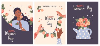 Uluslararası Kadınlar Günü. 8 Mart 'ta poster seti. Çiçek tutan genç Asyalı kadın. Feminizm, kadınların güçlendirilmesi, cinsiyet eşitliği kavramı. Farklı milletlerden kadınların elleri. Vektör illüstrasyonu