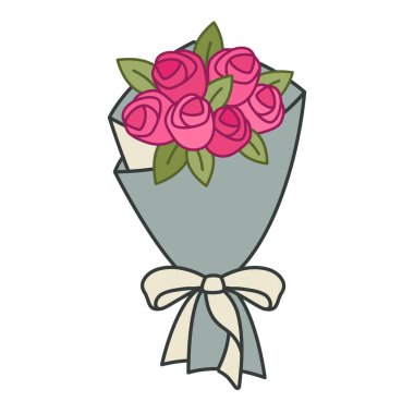 Bir buket gül. Beyaz kurdeleyle kağıda sarılmış bir demet pembe çiçek. Şimdiki konsept. Gül tomurcukları. Bahar tatilleri için çiçek tasarımı, tebrik kartları. Düz vektör illüstrasyonu