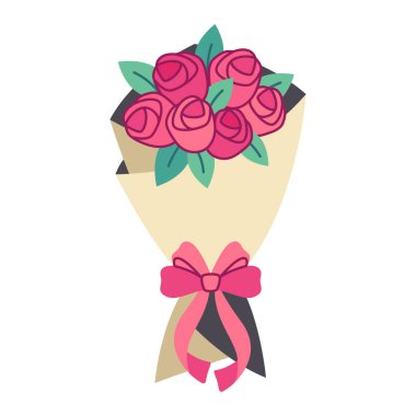 Beyaz arka planda izole edilmiş bir buket kırmızı gül. Kağıda sarılmış pembe kurdeleyle bir demet çiçek. Şimdiki konsept. Spiral gül tomurcuğu. Bahar tatilleri için çiçek tasarımı, tebrik kartları. Vektör 