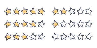 5 yıldız reyting. Beş yıldız ikonu. El çizimi yıldız elementleri. Müşteri ve ürün değerlendirmesi. Uygulamalar ve web siteleri için vektör düz illüstrasyon