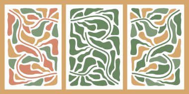 Matisse sanatları. Soyut çiçek posterleri seti. Pastel renklerde doğal yaprak çizimleri. Modern botanik tasarımı. Harika bir geçmişi var. Vektör illüstrasyonu