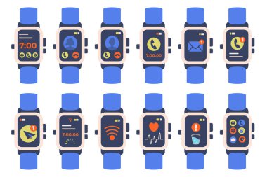 Renkli uygulama simgelerine sahip modern akıllı saat ekranda. Akıllı saat simgeleri izole edildi. Fitness için giyilebilir cihaz, bilgilendirmeler. Dijital bilek cihazı. Sağlık takibi ve mobil bağlantı. Vektör 