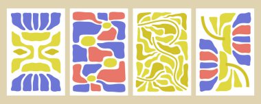 Matisse çiçek sanatı. Soyut çiçek posterleri seti. Modaya uygun el yapımı doğa yaprakları ve çiçekler. Modern botanik tasarımı. Boho geçmişi. Vektör illüstrasyonu