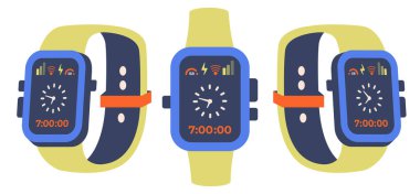 Akıllı saat simgesi izole edildi. Elektronik aletler hazır. Renk kayışı ve kare ekranlı Moda El saati. Akıllı saat üst görünümü. Uygulama simgeleriyle birlikte dijital saat. Vektör illüstrasyonu