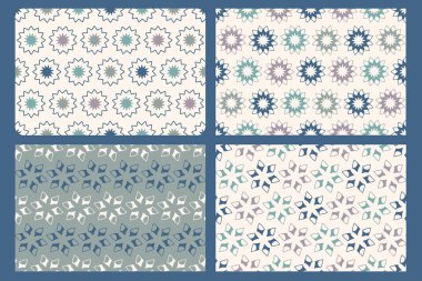 Geometrik çiçek desenleri dizisi. Soyut çiçekler, yıldızlar. Doğu tarzında basit bir doku. Tekrarlanan tasarım. Vektör illüstrasyonu