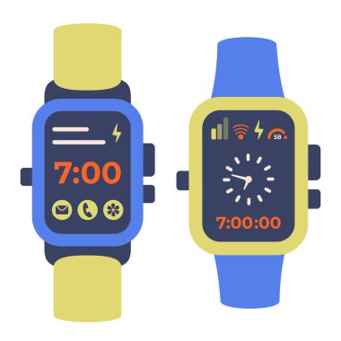 Renkli Akıllı saat simgeleri izole edildi. Elektronik aletler hazır. Renk kayışı ve kare ekranlı Moda El saati. Akıllı saat üst görünümü. Uygulama simgeleriyle birlikte dijital saat. Vektör 