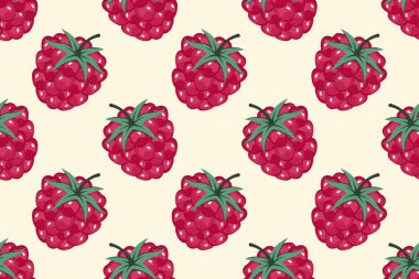 Ahududu aromalı. Böğürtlen arka planı. Meyve deseni. Yeşil yapraklı olgun kırmızı ahududu. Taze sulu vitaminle tekrarlanabilir doku. Duvar kağıdı, tekstil, baskı için vektör illüstrasyonu