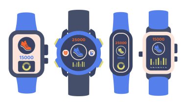 Adım at. Adımölçer uygulamalı akıllı saat seti. Dijital elementlerde adım sayacı. Aktivite izleyici simgesiyle ekranı elle izle. Bildiriyorum. Sağlık ve sağlıklı bir konsept. Vektör