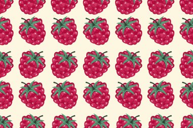 Ahududu aromalı. Böğürtlen arka planı. Meyve deseni. Yeşil yapraklı olgun kırmızı ahududu. Taze sulu vitaminle tekrarlanabilir doku. Duvar kağıdı, tekstil, baskı için vektör illüstrasyonu