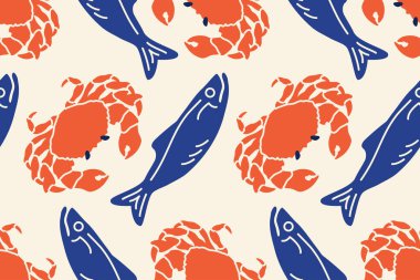 Akdeniz balığı ve yengeç. La Dolce vita renkli karalamalar kusursuz desen. Kabuklu sardalya karalaması. Baskı için el yapımı deniz ürünleri, duvar resimleri, iç dekorasyon, menüler, kafe, restoran. Vektör 