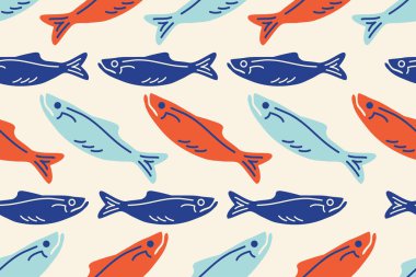 La Dolce Vita kusursuz bir model. Retro Akdeniz balıkları. Renkli sardalya silueti. Doodle Hand baskı, duvar sanatı, iç dekorasyon, menüler ve yenileme için deniz ürünleri arkaplanı çizdi. Vektör 