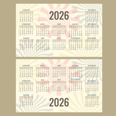 Takvim 2026 eski tarzda. El yapımı, psikedelik girdaplı, klasik titreşimli, renkli spiral arka planlı, eğlenceli planlayıcı. Yatay şablon, basılabilir. Pazar başlıyor. Vektör illüstrasyonu