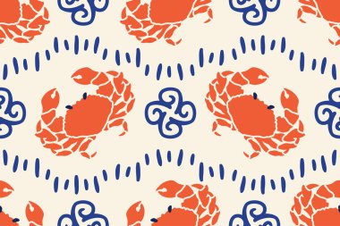 Yengeç ve karalama elementleriyle Akdeniz desenli. La Dolce Vita geçmişi. İtalyan usulü el yapımı deniz ürünleri şablonu. Vektör düz çizim menüsü, duvar sanatı, baskı, kafe, yeniden düzenleme