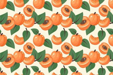 Meyvesiz desen. Kayısı arka planı. Yaz tasarımı. İçinde çukur olan kayısı ve yarım yaprak. Taze sulu kayısı dilimleri. Baskı, duvar kağıdı, tekstil ve gıda endüstrisi için vektör illüstrasyonu