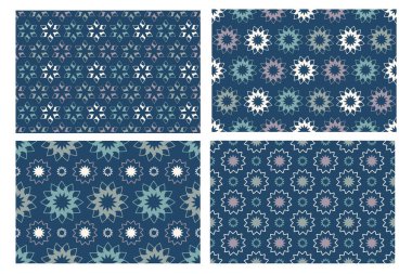 Geometrik dikişsiz desenler. Soyut çiçekler, yıldızlar. Doğu tarzında basit bir doku. Tekrarlanan tasarım. Vektör