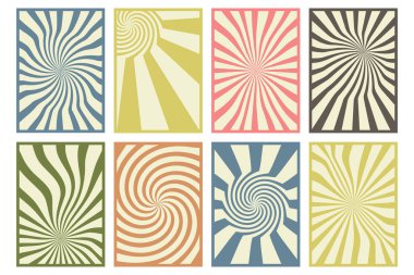 Geçmişe dönüş ayarlandı. Renk deseni bozulmuş. 60 'lar, 80' ler, 70 'ler tarzında el yapımı Groovy kartları. Dalgalı çizgileri, çarpık çizgileri olan hippi tasarımı. Vektör illüstrasyonu