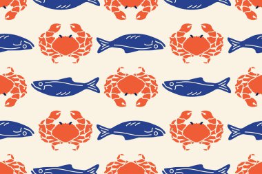 Akdeniz balığı ve yengeç. La Dolce vita renkli karalamalar kusursuz desen. Kabuklu sardalya karalaması. Baskı için el yapımı deniz ürünleri, duvar resimleri, iç dekorasyon, menüler, kafe, restoran. Vektör 