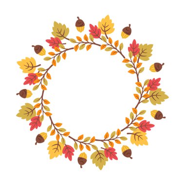 Sonbahar çelengi. Düşen yaprakların dairesel çerçevesi, meşe palamutları. Mevsimlik sınır beyaz arka planda izole edilmiş. Tebrik kartları, davetiyeler, posterler için vektör düz illüstrasyon