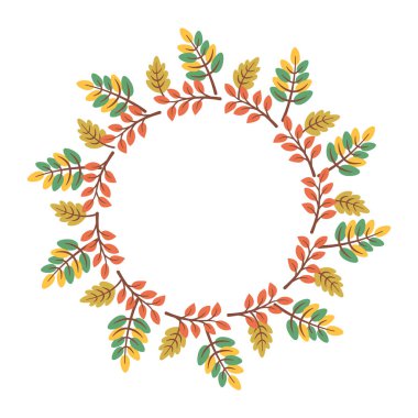 Sonbahar çelengi. Düşen yapraklar ve böğürtlenlerin dairesel çerçevesi. Mevsimlik sınır beyaz arka planda izole edilmiş. Tebrik kartları, davetiyeler, posterler için vektör düz illüstrasyon