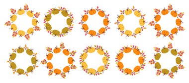 Balkabağı çelengi seti izole edildi. Sonbahar yeşilliği. Sonbahar tasarımı. Şükran Günü koleksiyonu. Mevsimlik yapraklı yuvarlak çerçeveler. Davetiyeler, etiketler, ambalajlar, kartlar için vektör illüstrasyonu