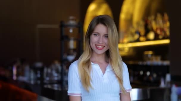 One Happy Young Female Smiling Looking Camera Indoor Cafe Close — Vídeo de Stock