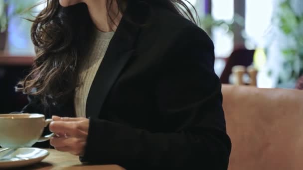 Wanita Kaukasia Muda Dengan Rambut Coklat Panjang Duduk Dalam Kafe — Stok Video