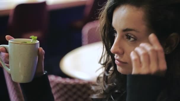 Close Gerak Lambat Gadis Muda Kaukasia Yang Duduk Dalam Kafe — Stok Video