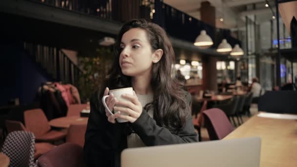 Mulher Caucasiana Jovem Sentado Dentro Café Moderno Brilhante Menina Está — Vídeo de Stock