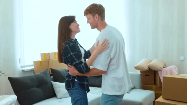 Happy Young Family Couple Dancing Good Mood New Home Moving — Stockvideo
