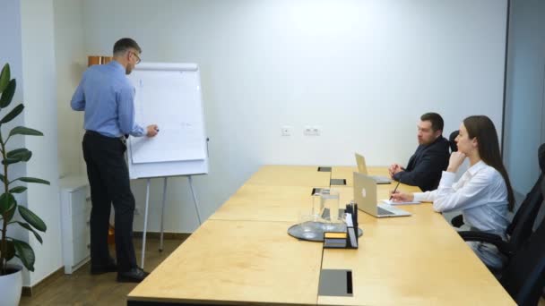남자가 그림을 그리고 있습니다 Businessman 화이트보드 사무실 아리아에 회사의 전략을 — 비디오