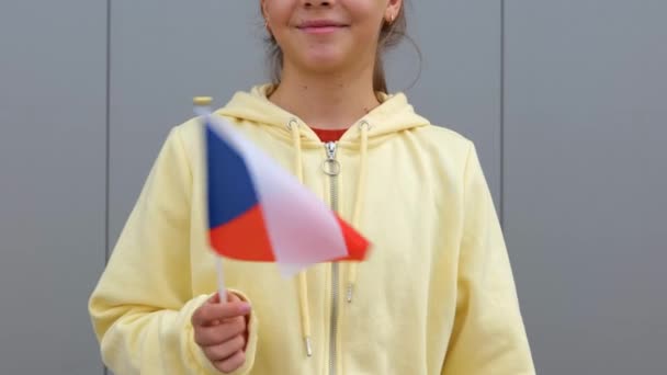かわいい白人の若いチェコの10代の少女は カメラで笑って 小さなチェコ共和国の旗を振っている ズームアウト 閉じる グレーの背景 女性の小さな女の子あります維持チェコ共和国の旗で彼女の手 — ストック動画
