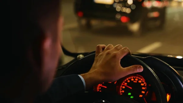 Man Driving Car Fast Night City Street Traffic Road Trip — Stockfoto