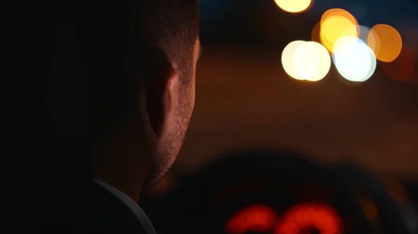 Rear Adult Man Driver Driving Car Looking Road Evening Close — Stockfoto