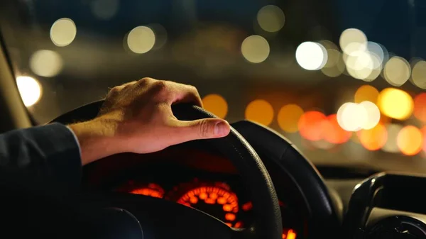 Male Hand Holding Wheel Car Male Driver Taps His Fingers — Stockfoto