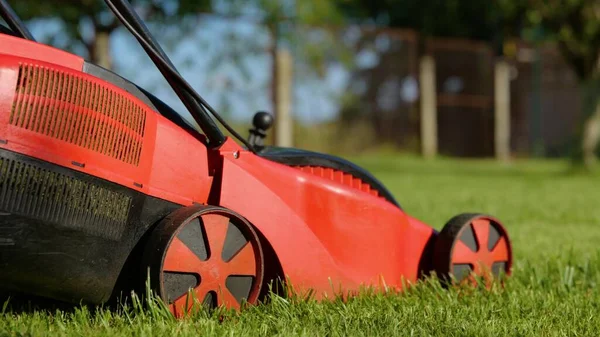 Side View Lawn Mower Machine Cutting Grass Outdoors Garden Close — 스톡 사진