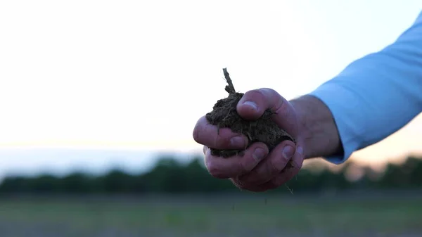 Αρσενικό Χέρι Καλλιεργητή Τρίψιμο Εδάφους Στο Χέρι Εξωτερικούς Χώρους Αγρόκτημα — Φωτογραφία Αρχείου