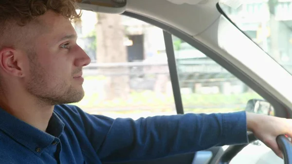 Side View Caucasian Handsome Joyful Guy Driver Sitting Car His — 图库照片